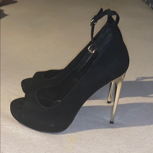 BCBG Black Peep Toe Gold Heel Stiletto - Picture 3 of 5